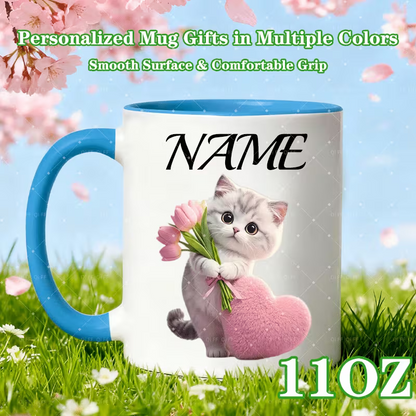 Personalized "Cute Kitten with Tulips & Pink Heart" Ceramic Coffee Mug – Custom Name Cat Lover, Cute Animal & Spring Floral Novelty Cup (M1168)