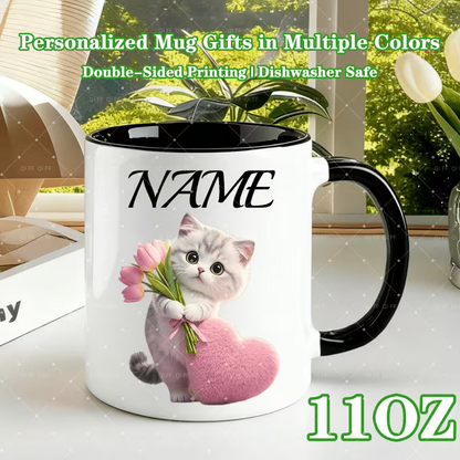 Personalized "Cute Kitten with Tulips & Pink Heart" Ceramic Coffee Mug – Custom Name Cat Lover, Cute Animal & Spring Floral Novelty Cup (M1168)