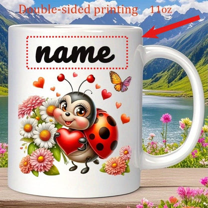 Personalized "Cute Ladybug & Floral" Ceramic Coffee Mug – Custom Name Spring Flower, Heart & Cute Insect Novelty Cup (M1164)