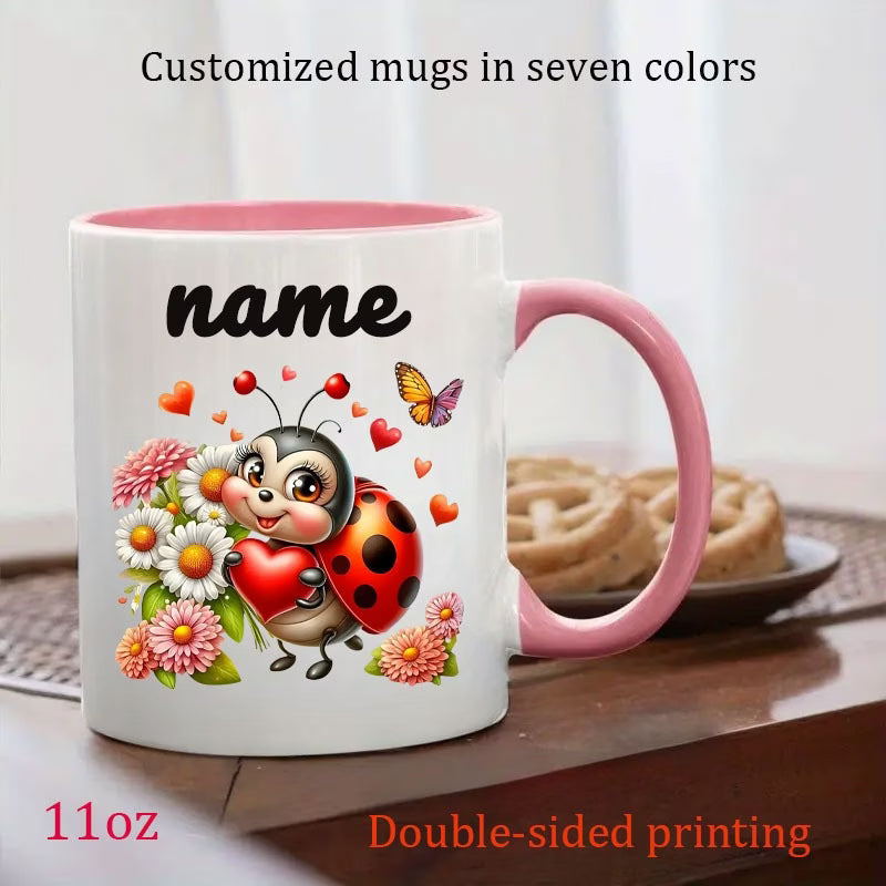 Personalized "Cute Ladybug & Floral" Ceramic Coffee Mug – Custom Name Spring Flower, Heart & Cute Insect Novelty Cup (M1164)
