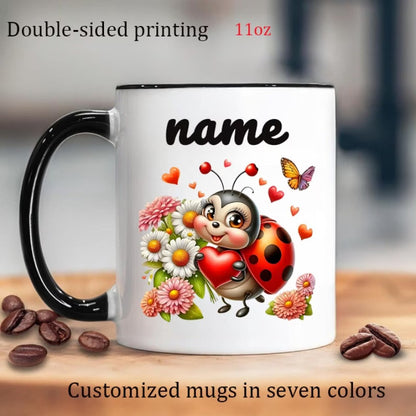 Personalized "Cute Ladybug & Floral" Ceramic Coffee Mug – Custom Name Spring Flower, Heart & Cute Insect Novelty Cup (M1164)