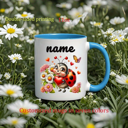 Personalized "Cute Ladybug & Floral" Ceramic Coffee Mug – Custom Name Spring Flower, Heart & Cute Insect Novelty Cup (M1164)