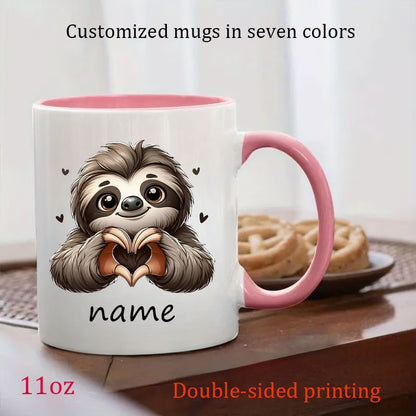 Personalized "Cute Sloth Making Heart Hands" Ceramic Coffee Mug – Custom Name Adorable Animal, Valentine's Day & Love Novelty Cup (M1190)