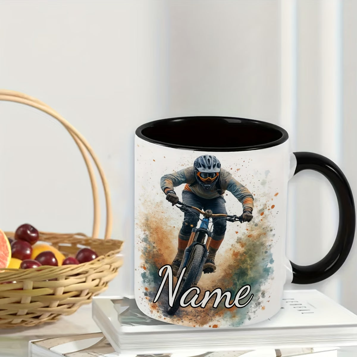 Personalized "Mountain Biker Splash" Ceramic Coffee Mug – Custom Name MTB & Downhill Cycling Novelty Cup (M1095)