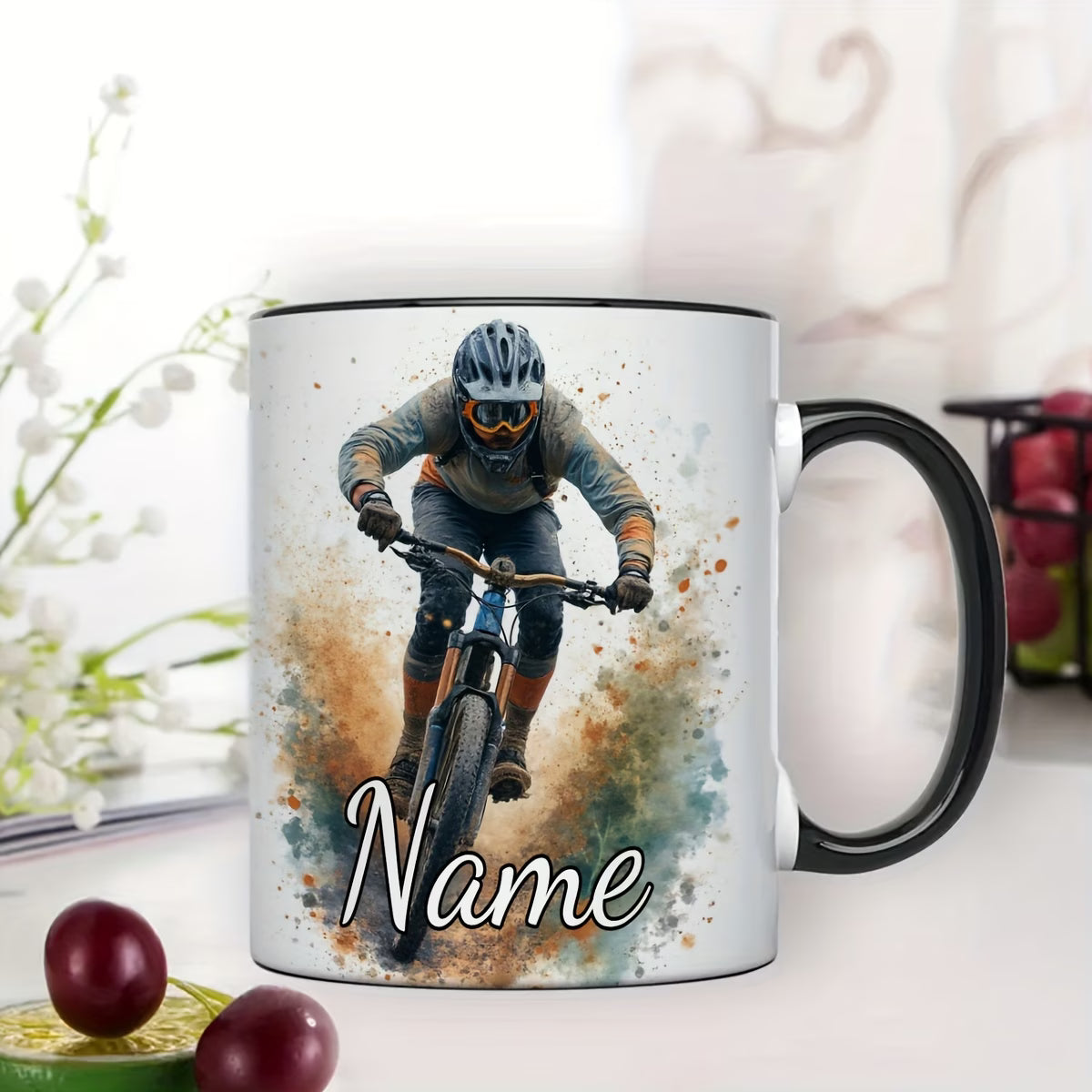 Personalized "Mountain Biker Splash" Ceramic Coffee Mug – Custom Name MTB & Downhill Cycling Novelty Cup (M1095)