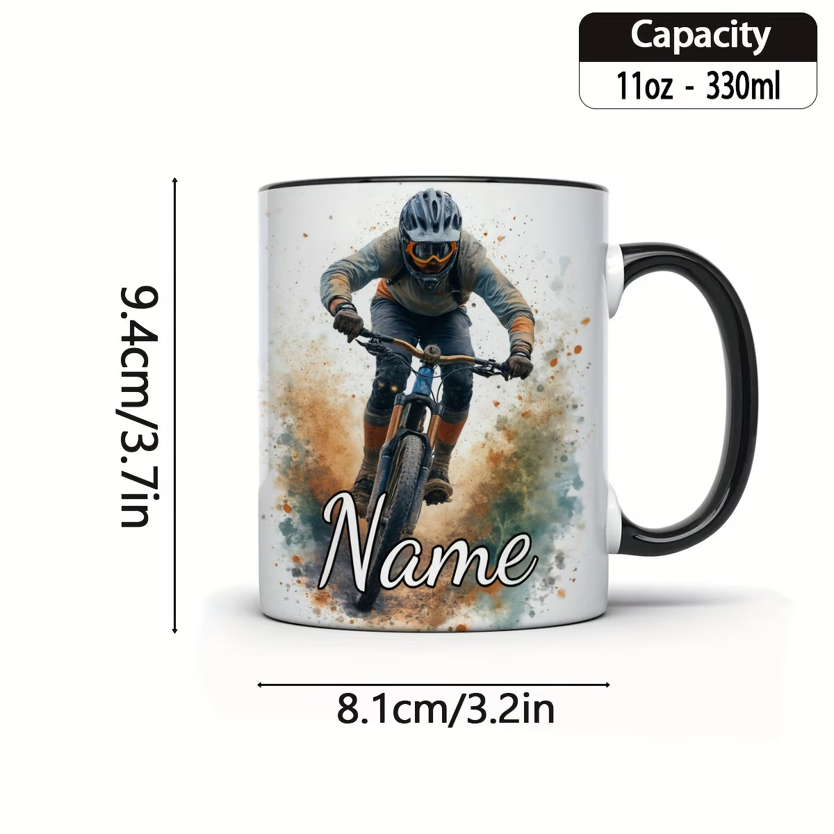 Personalized "Mountain Biker Splash" Ceramic Coffee Mug – Custom Name MTB & Downhill Cycling Novelty Cup (M1095)