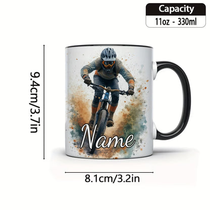Personalized "Mountain Biker Splash" Ceramic Coffee Mug – Custom Name MTB & Downhill Cycling Novelty Cup (M1095)
