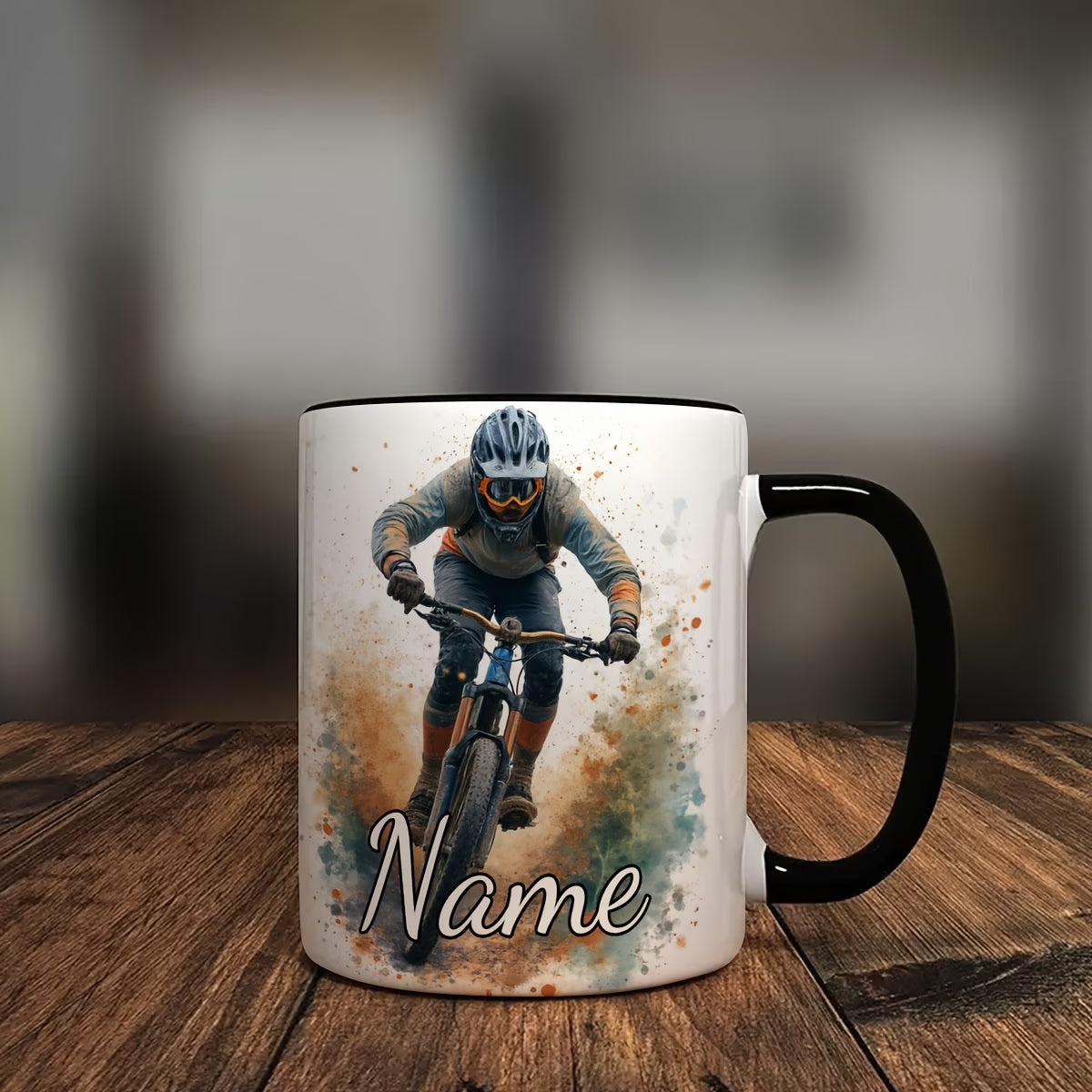 Personalized "Mountain Biker Splash" Ceramic Coffee Mug – Custom Name MTB & Downhill Cycling Novelty Cup (M1095)