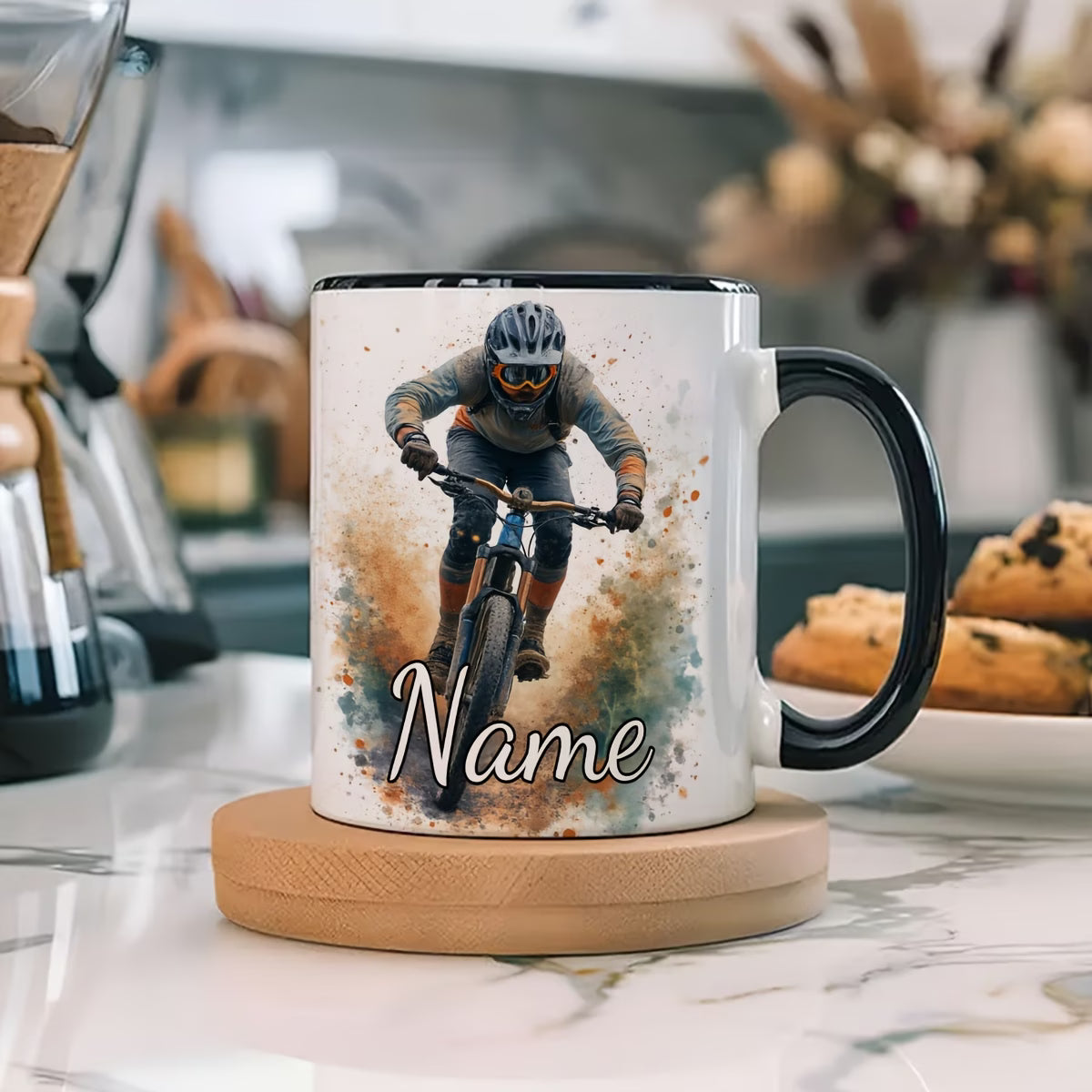 Personalized "Mountain Biker Splash" Ceramic Coffee Mug – Custom Name MTB & Downhill Cycling Novelty Cup (M1095)