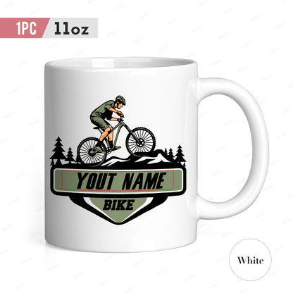 Personalized "Mountain Bike Trail" Ceramic Coffee Mug – Custom Name MTB Cyclist Novelty Cup (M1096)