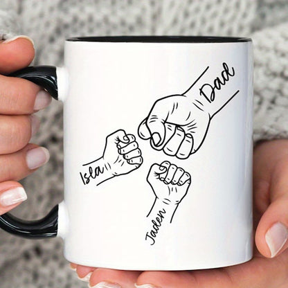 Personalized "Dad & Kids Fist Bump" Ceramic Coffee Mug – Custom Names Father's Day, Family Line Art & Dad Appreciation Novelty Cup (M1176)