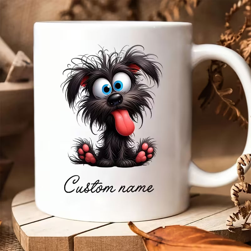 Personalized Cute Shaggy Black Dog Coffee Mug – Custom Name Funny Cartoon Puppy Ceramic Tea Cup (M1008)