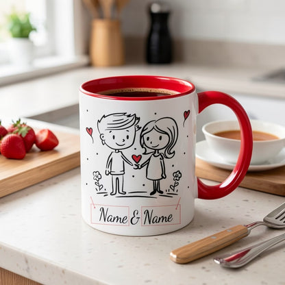 Personalized "Doodle Couple Holding Hands" Ceramic Coffee Mug – Custom Names Romantic Couple & Valentine's Day Novelty Cup (M1157)