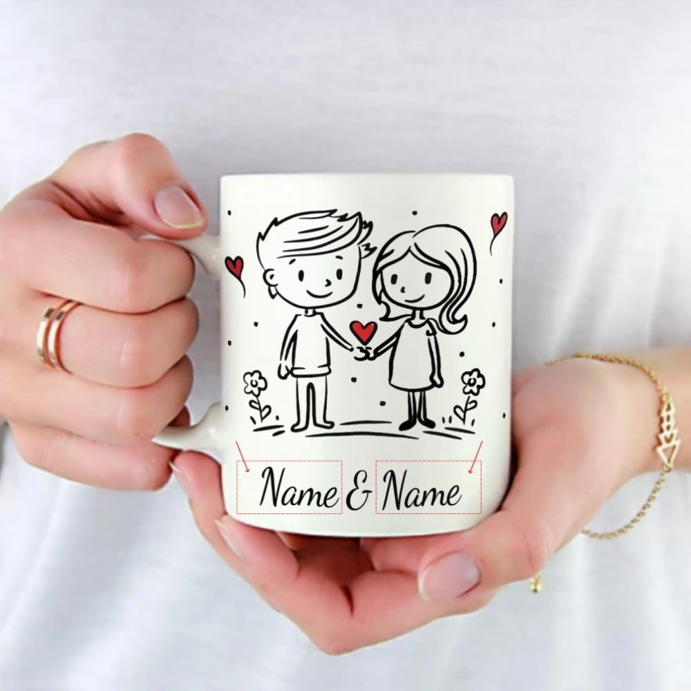 Personalized "Doodle Couple Holding Hands" Ceramic Coffee Mug – Custom Names Romantic Couple & Valentine's Day Novelty Cup (M1157)
