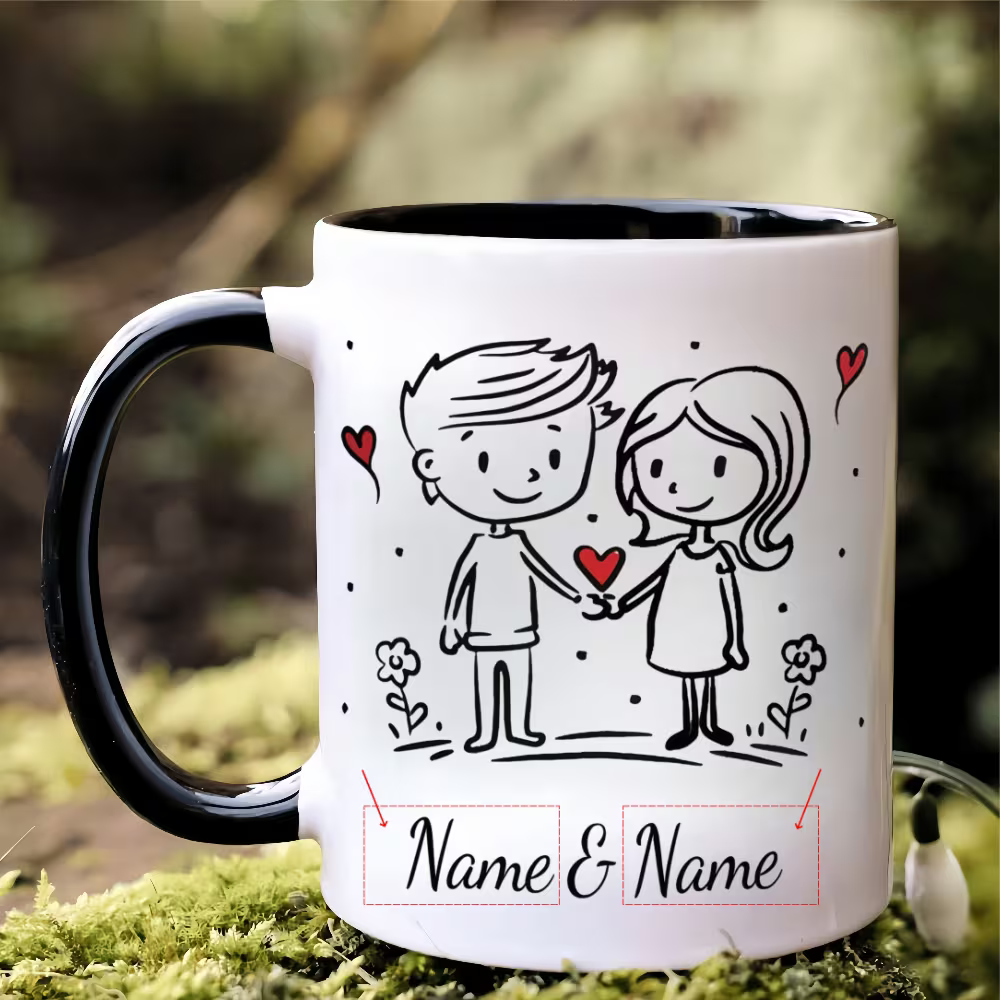 Personalized "Doodle Couple Holding Hands" Ceramic Coffee Mug – Custom Names Romantic Couple & Valentine's Day Novelty Cup (M1157)