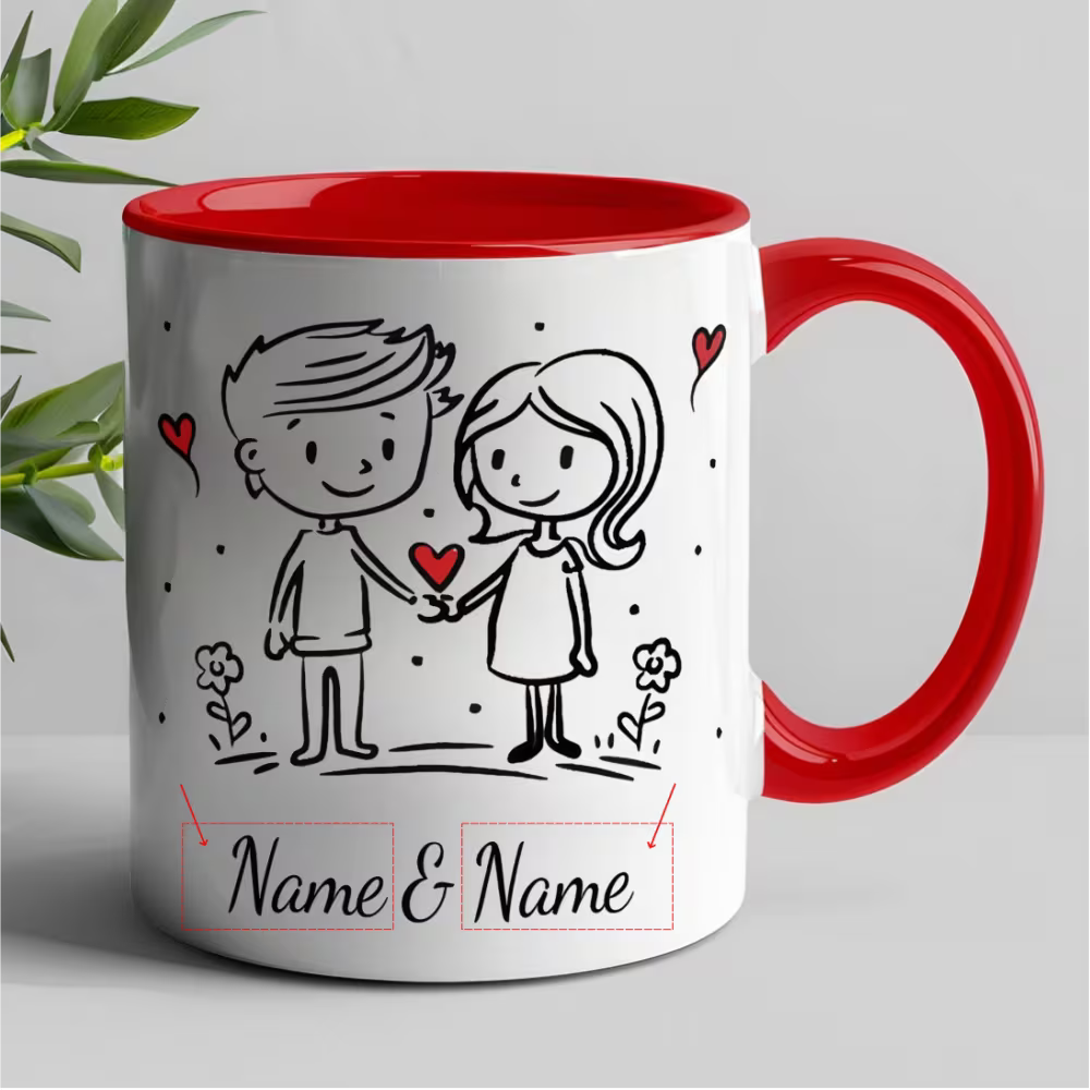 Personalized "Doodle Couple Holding Hands" Ceramic Coffee Mug – Custom Names Romantic Couple & Valentine's Day Novelty Cup (M1157)