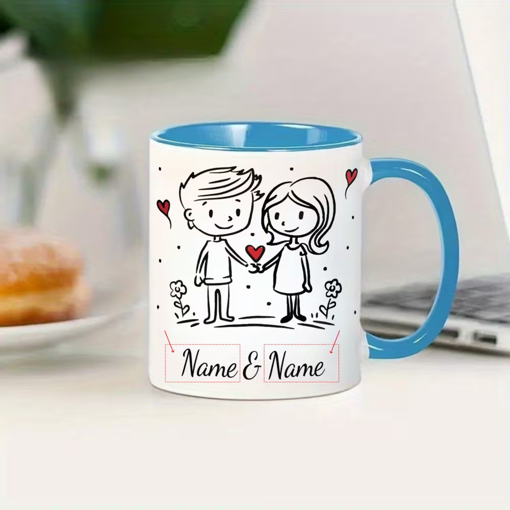 Personalized "Doodle Couple Holding Hands" Ceramic Coffee Mug – Custom Names Romantic Couple & Valentine's Day Novelty Cup (M1157)