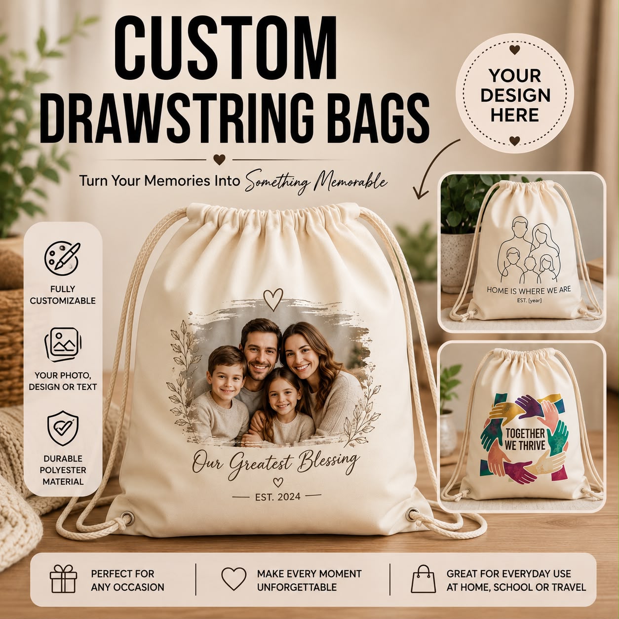 Custom Creative Drawstring Sack | 37cm x 44cm Heavy-Duty Urban Sports Pack
