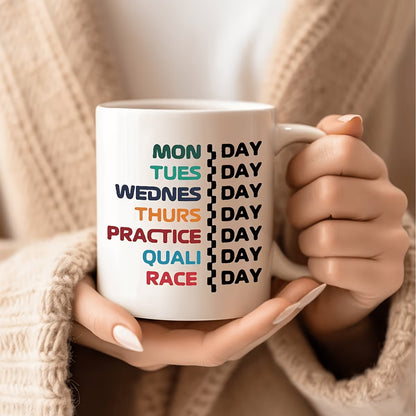 Funny "F1 Race Weekend Schedule" Ceramic Coffee Mug – Motorsport Fan, Formula Racing & Humor Novelty Cup (M1152)