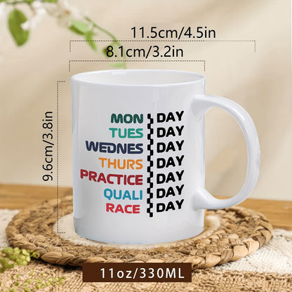 Funny "F1 Race Weekend Schedule" Ceramic Coffee Mug – Motorsport Fan, Formula Racing & Humor Novelty Cup (M1152)