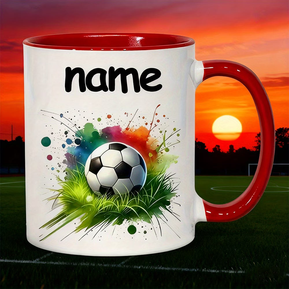 Personalized "Soccer Splash" Ceramic Coffee Mug – Custom Name Football & Sports Novelty Cup with Black Accent (M1118)