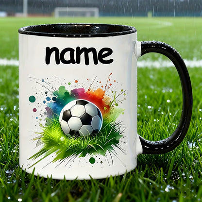Personalized "Soccer Splash" Ceramic Coffee Mug – Custom Name Football & Sports Novelty Cup with Black Accent (M1118)