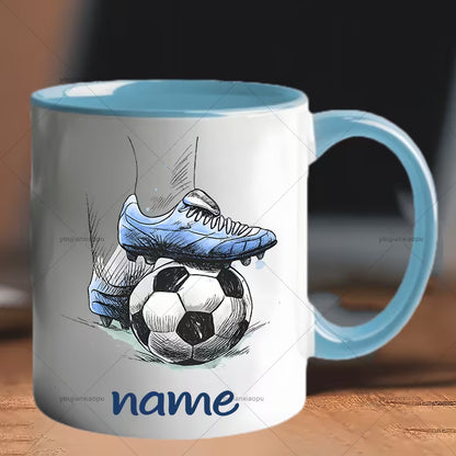 Personalized "Soccer Foot on Ball Sketch" Ceramic Coffee Mug – Custom Name Blue Football & Sports Novelty Cup with Blue Accent (M1140)