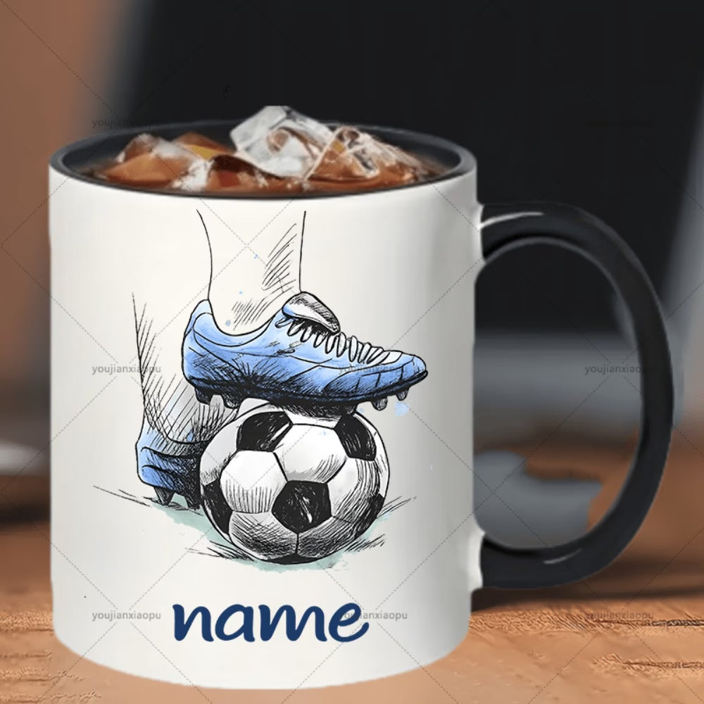 Personalized "Soccer Foot on Ball Sketch" Ceramic Coffee Mug – Custom Name Blue Football & Sports Novelty Cup with Blue Accent (M1140)