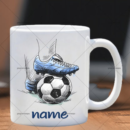 Personalized "Soccer Foot on Ball Sketch" Ceramic Coffee Mug – Custom Name Blue Football & Sports Novelty Cup with Blue Accent (M1140)