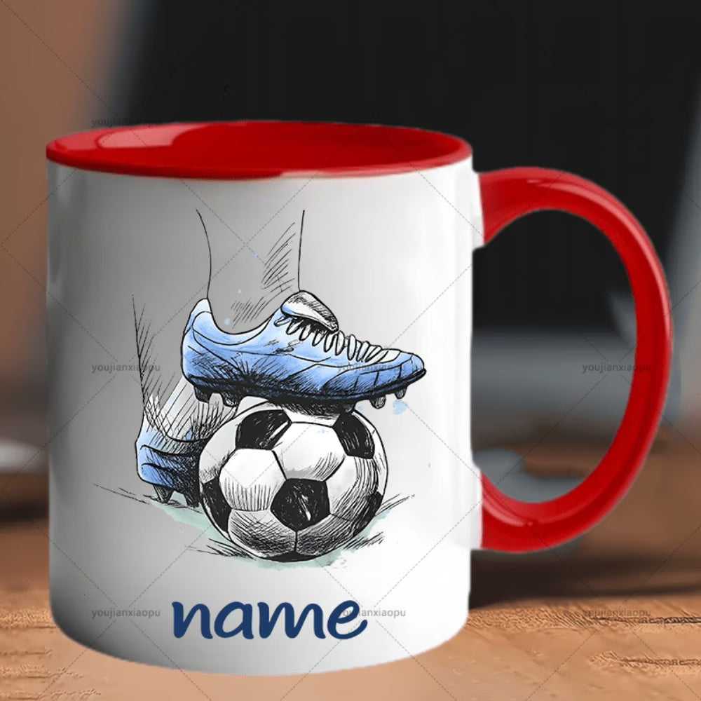 Personalized "Soccer Foot on Ball Sketch" Ceramic Coffee Mug – Custom Name Blue Football & Sports Novelty Cup with Blue Accent (M1140)