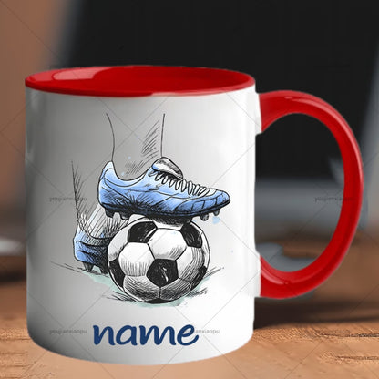 Personalized "Soccer Foot on Ball Sketch" Ceramic Coffee Mug – Custom Name Blue Football & Sports Novelty Cup with Blue Accent (M1140)