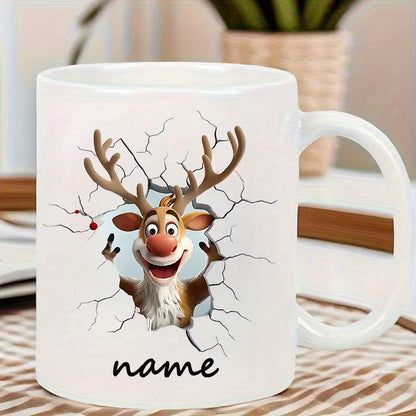 Personalized "Funny 3D Cracking Wall Reindeer" Ceramic Coffee Mug – Custom Name Christmas Cartoon Reindeer & Holiday Novelty Cup (M1154)