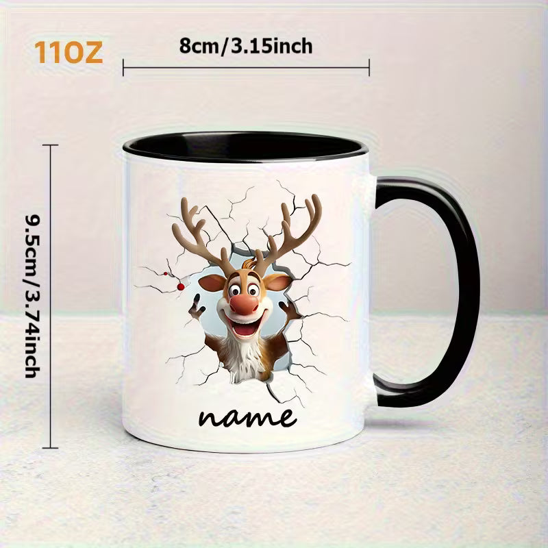 Personalized "Funny 3D Cracking Wall Reindeer" Ceramic Coffee Mug – Custom Name Christmas Cartoon Reindeer & Holiday Novelty Cup (M1154)