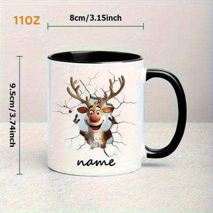 Personalized "Funny 3D Cracking Wall Reindeer" Ceramic Coffee Mug – Custom Name Christmas Cartoon Reindeer & Holiday Novelty Cup (M1154)
