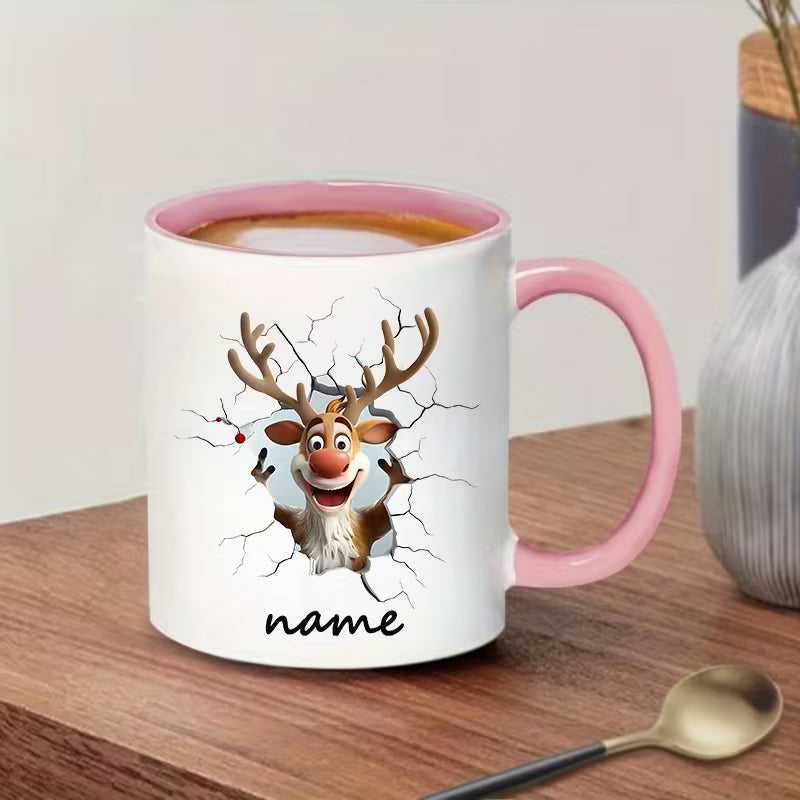 Personalized "Funny 3D Cracking Wall Reindeer" Ceramic Coffee Mug – Custom Name Christmas Cartoon Reindeer & Holiday Novelty Cup (M1154)