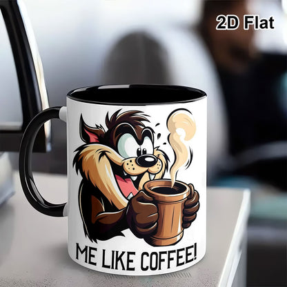 Funny "Me Like Coffee!" Tasmanian Devil Cartoon Ceramic Coffee Mug – Taz Coffee Lover Novelty Cup with Black Accent (M1106)
