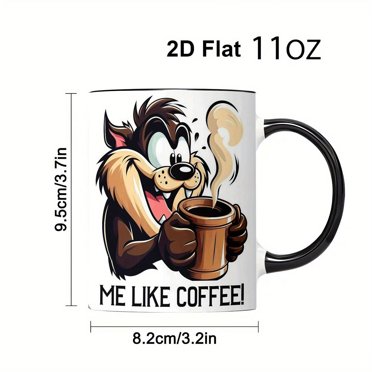 Funny "Me Like Coffee!" Tasmanian Devil Cartoon Ceramic Coffee Mug – Taz Coffee Lover Novelty Cup with Black Accent (M1106)