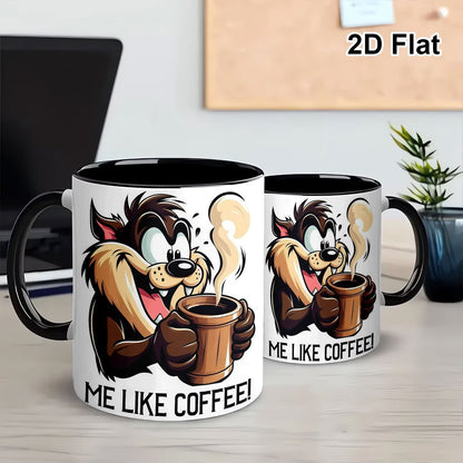 Funny "Me Like Coffee!" Tasmanian Devil Cartoon Ceramic Coffee Mug – Taz Coffee Lover Novelty Cup with Black Accent (M1106)
