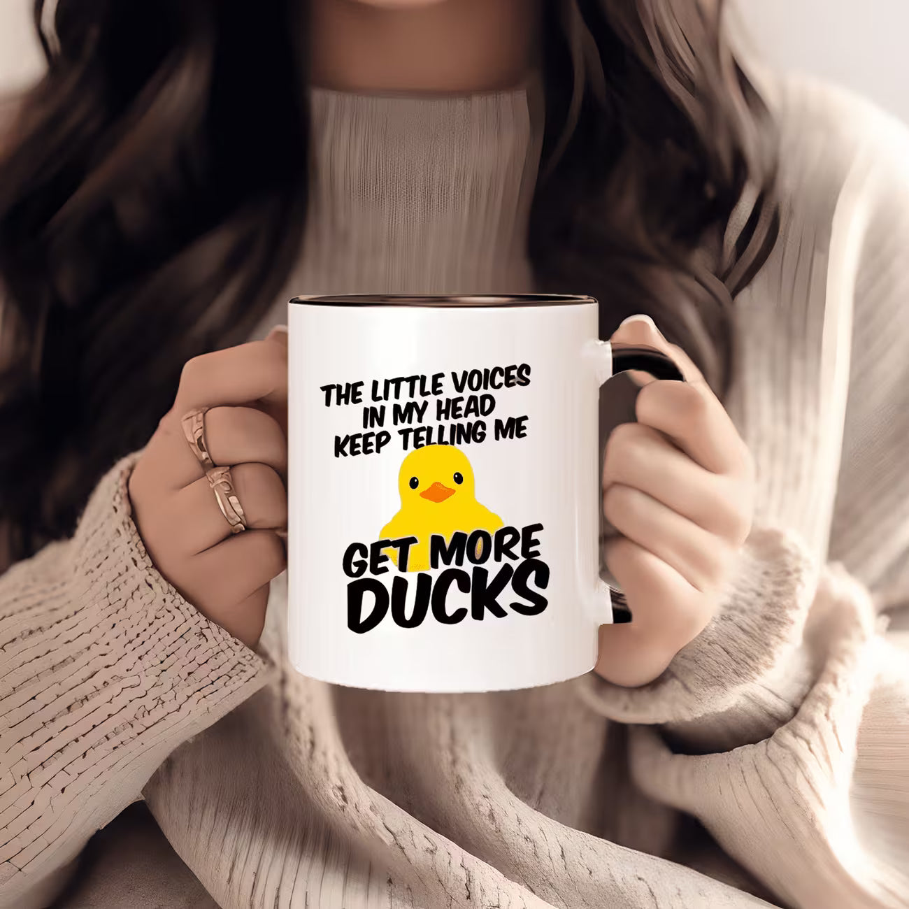 Funny "The Little Voices In My Head Keep Telling Me Get More Ducks" Rubber Duck Ceramic Coffee Mug – Cute Duck Lover & Sarcastic Humor Novelty Cup with Black Accent (M1128)