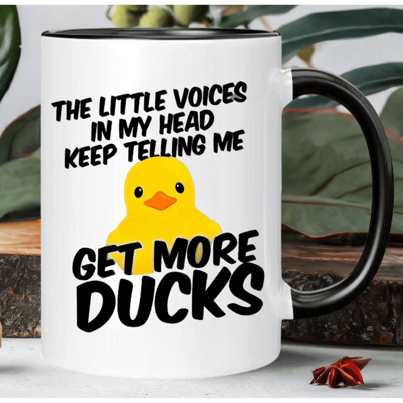 Funny "The Little Voices In My Head Keep Telling Me Get More Ducks" Rubber Duck Ceramic Coffee Mug – Cute Duck Lover & Sarcastic Humor Novelty Cup with Black Accent (M1128)