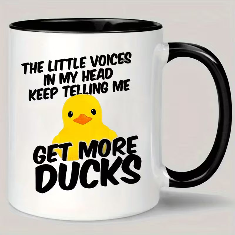 Funny "The Little Voices In My Head Keep Telling Me Get More Ducks" Rubber Duck Ceramic Coffee Mug – Cute Duck Lover & Sarcastic Humor Novelty Cup with Black Accent (M1128)