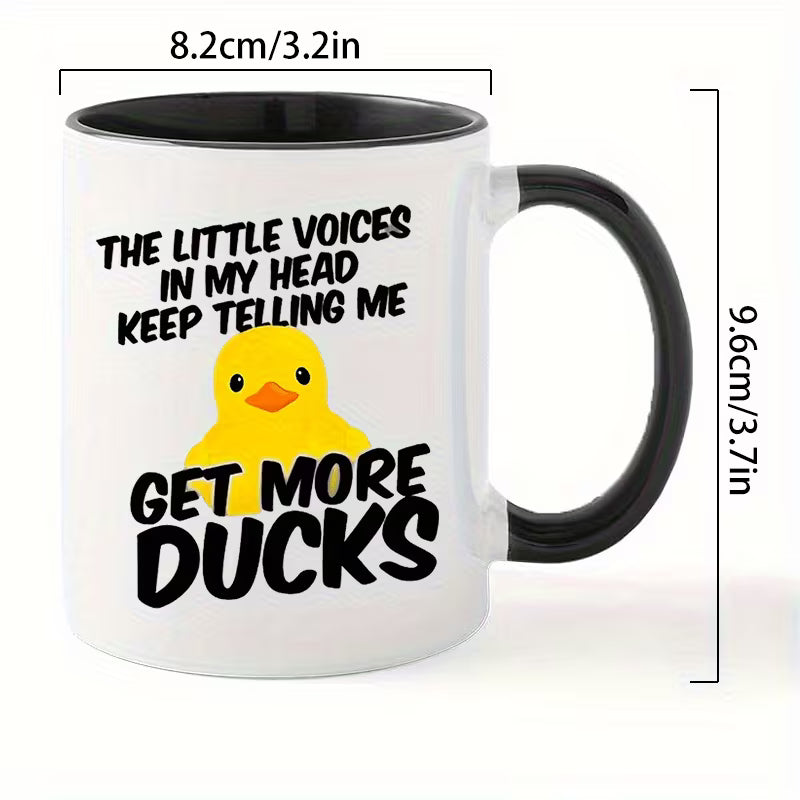 Funny "The Little Voices In My Head Keep Telling Me Get More Ducks" Rubber Duck Ceramic Coffee Mug – Cute Duck Lover & Sarcastic Humor Novelty Cup with Black Accent (M1128)