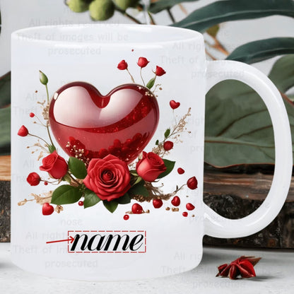 Personalized "Glossy Red Heart & Roses" Ceramic Coffee Mug – Custom Name Romantic Floral, Valentine's Day & Love Novelty Cup (M1188)