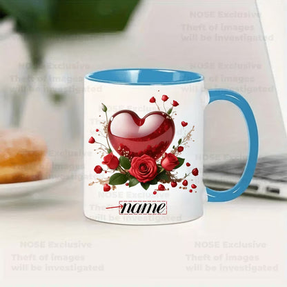 Personalized "Glossy Red Heart & Roses" Ceramic Coffee Mug – Custom Name Romantic Floral, Valentine's Day & Love Novelty Cup (M1188)