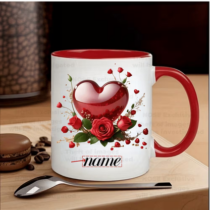 Personalized "Glossy Red Heart & Roses" Ceramic Coffee Mug – Custom Name Romantic Floral, Valentine's Day & Love Novelty Cup (M1188)