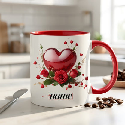 Personalized "Glossy Red Heart & Roses" Ceramic Coffee Mug – Custom Name Romantic Floral, Valentine's Day & Love Novelty Cup (M1188)