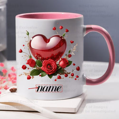 Personalized "Glossy Red Heart & Roses" Ceramic Coffee Mug – Custom Name Romantic Floral, Valentine's Day & Love Novelty Cup (M1188)