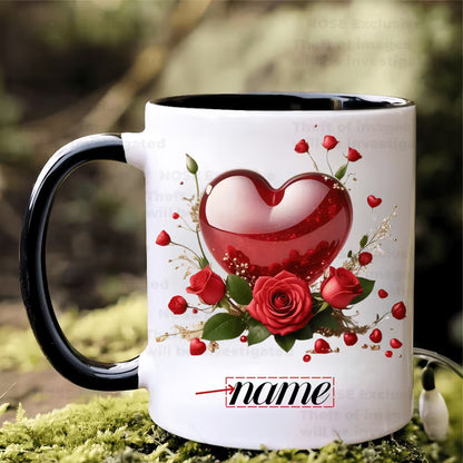 Personalized "Glossy Red Heart & Roses" Ceramic Coffee Mug – Custom Name Romantic Floral, Valentine's Day & Love Novelty Cup (M1188)