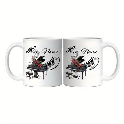 Personalized "Grand Piano & Red Roses" Ceramic Coffee Mug – Custom Name Musical Instrument, Pianist Gift & Elegant Music Novelty Cup (M1199)