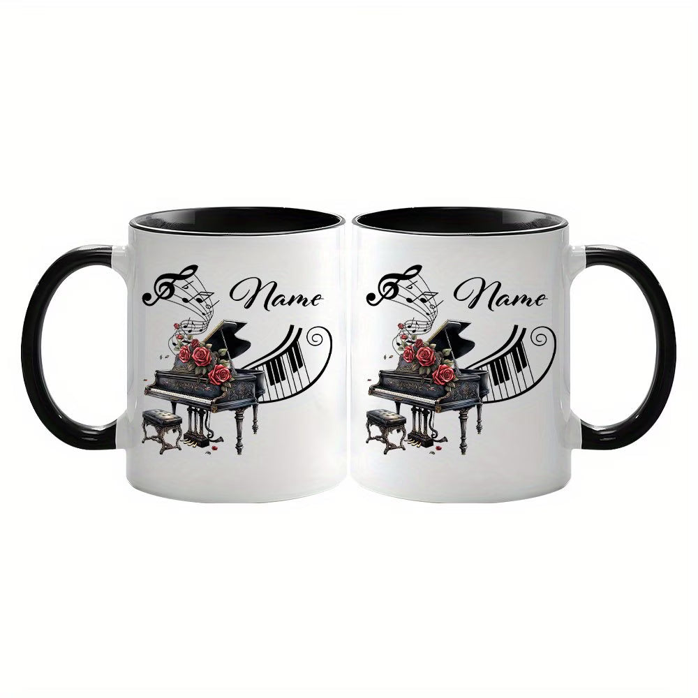 Personalized "Grand Piano & Red Roses" Ceramic Coffee Mug – Custom Name Musical Instrument, Pianist Gift & Elegant Music Novelty Cup (M1199)